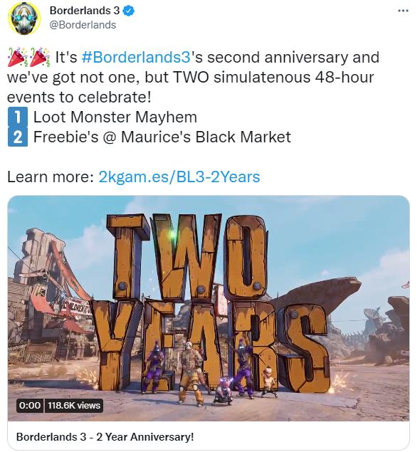 《无主之地3》庆祝发售两周年 两款纪念活动同时上线
